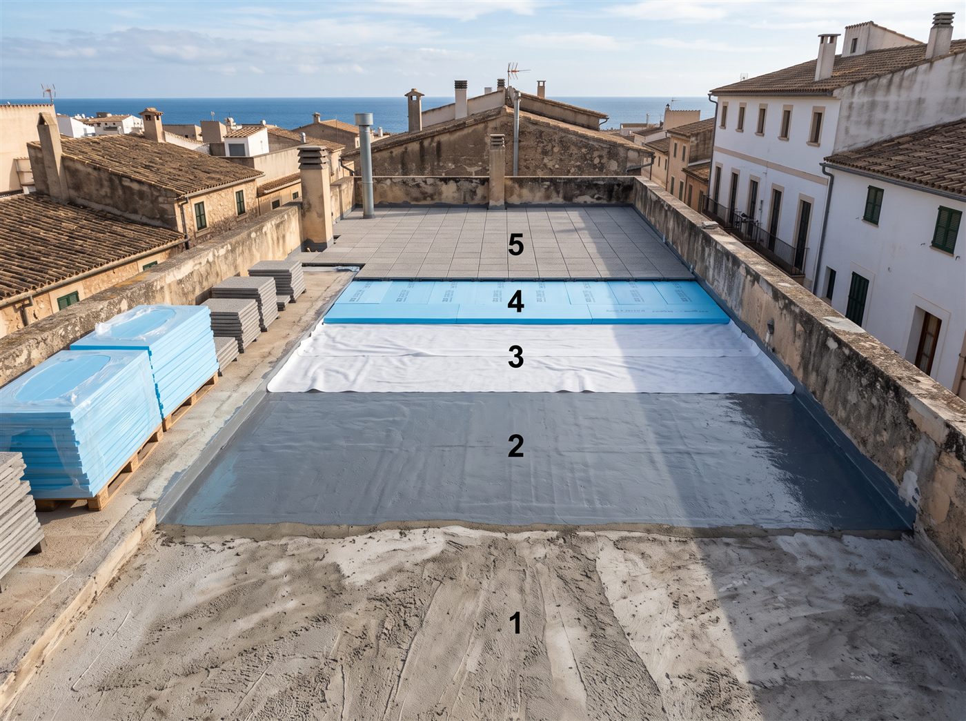 Azotea rehabilitándose como cubierta invertida: impermeabilización, geotextil, XPS y losa filtrón