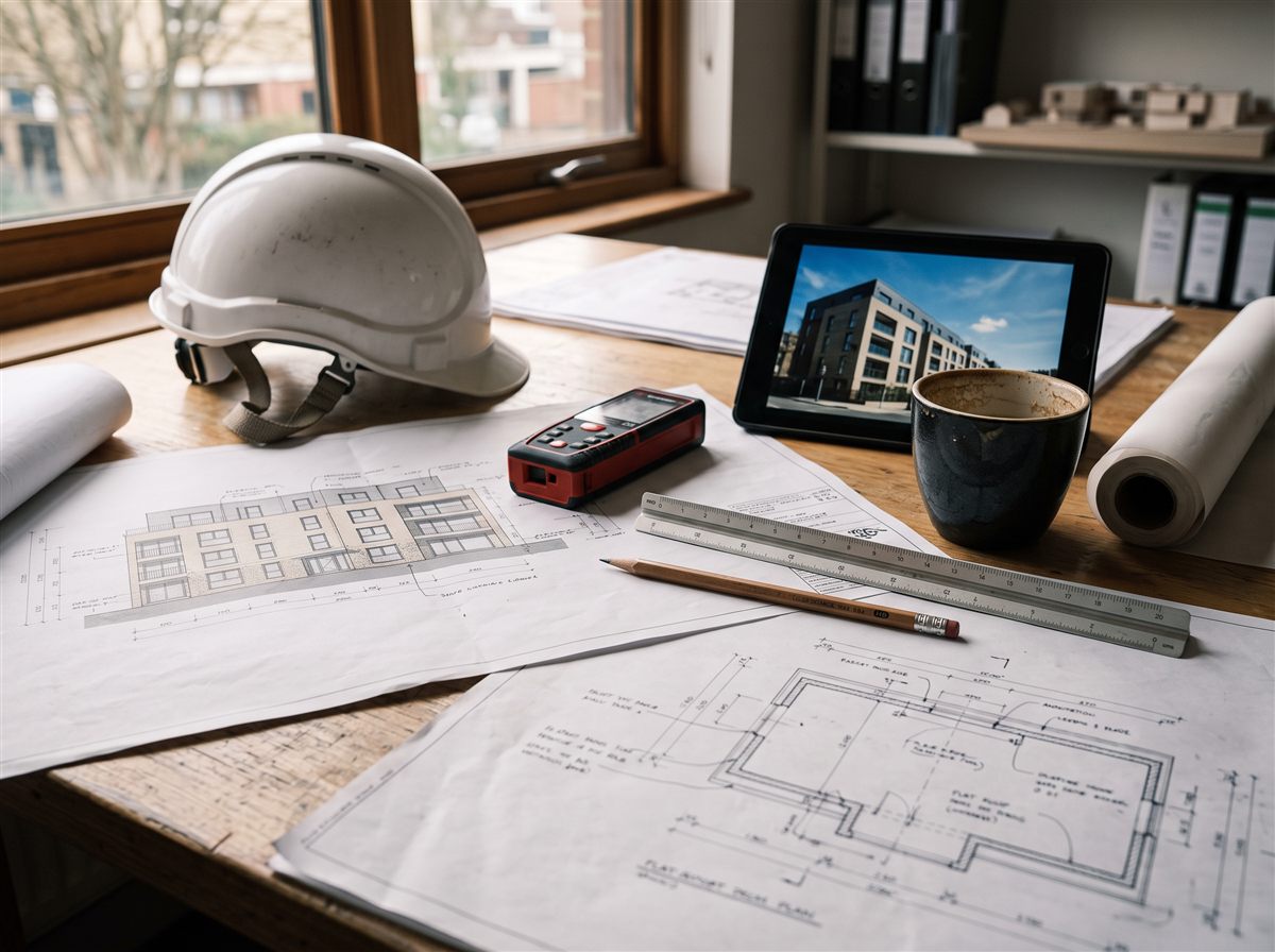 Mesa de trabajo del arquitecto con planos de fachada, casco y medidor láser