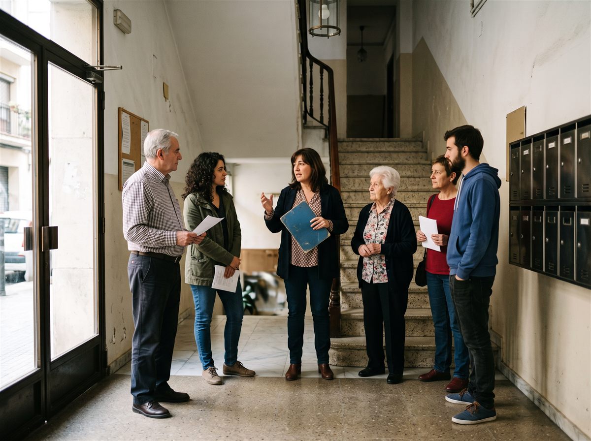 Administradora hablando con los vecinos en el vestíbulo del edificio