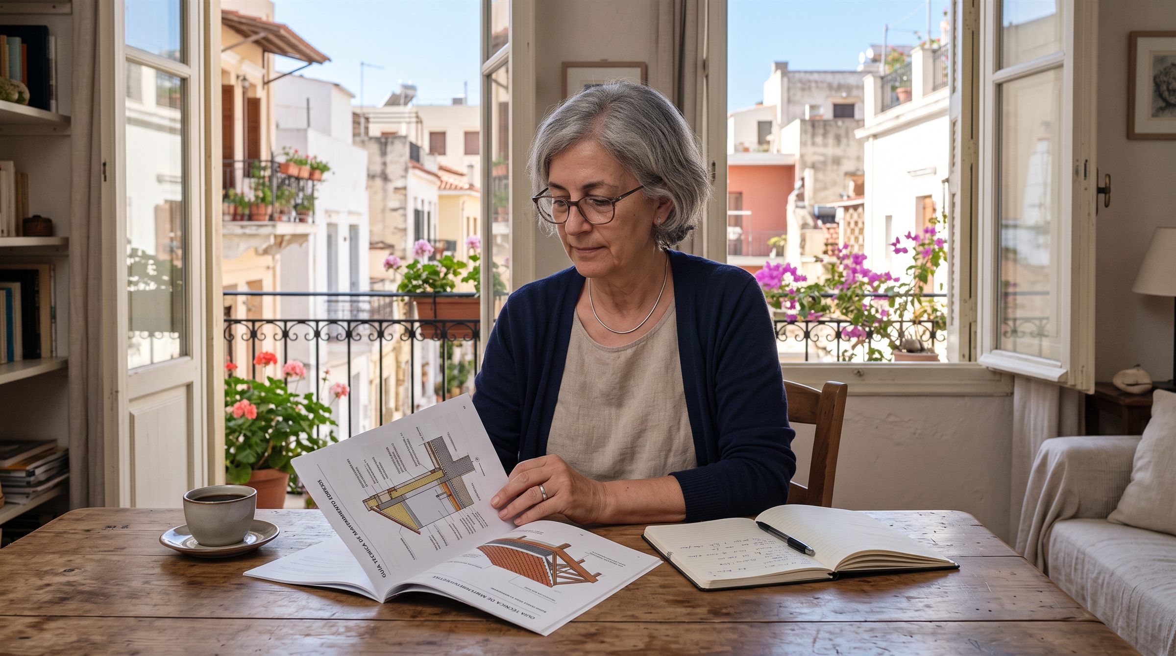 Vecina leyendo en casa una guía con dibujos de fachada y cubierta