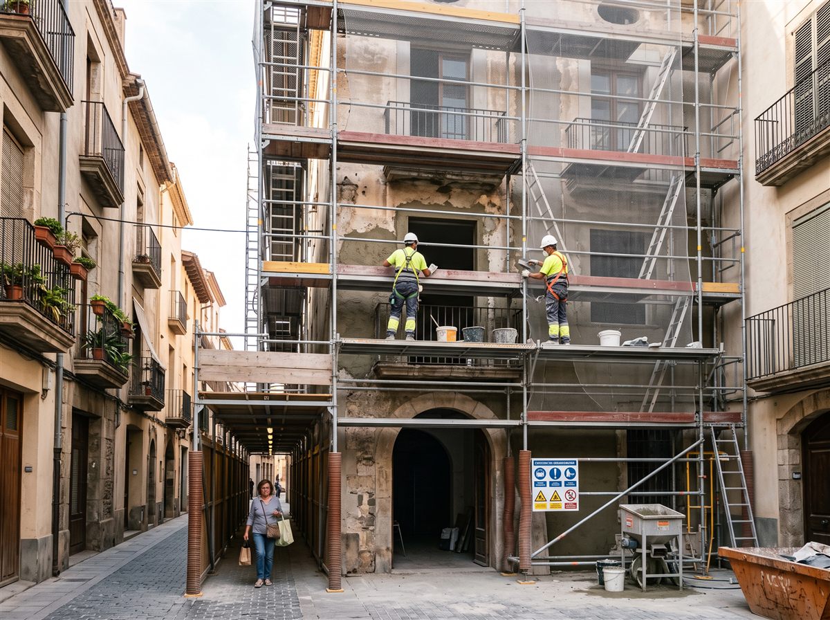 Fachada en obra con andamio protegido y paso cubierto para los vecinos