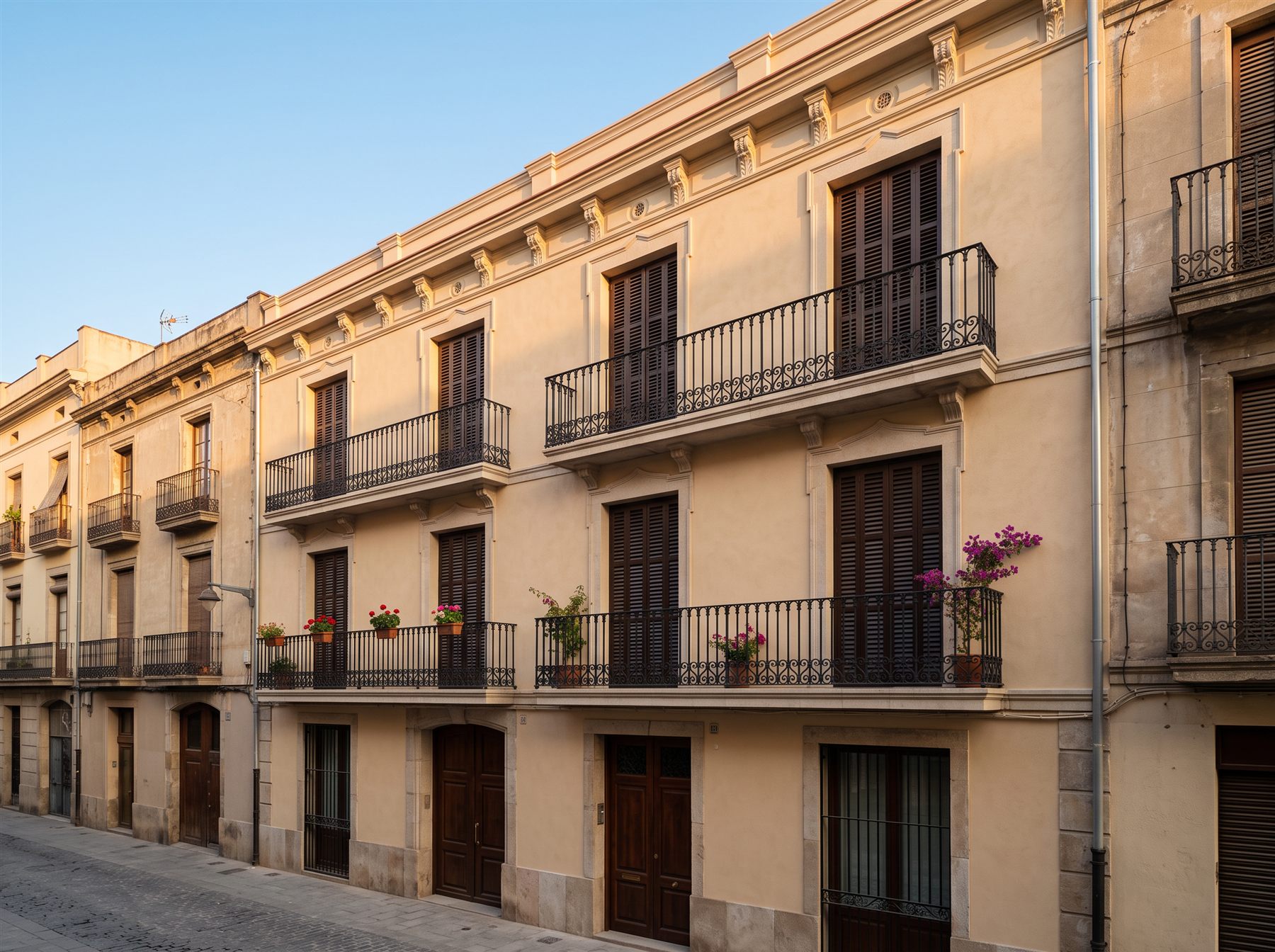 Fachada rehabilitada con balcones y cornisas reparados